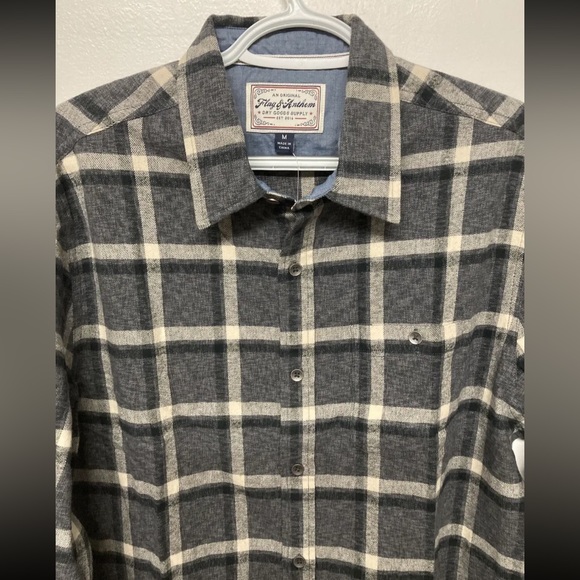 New Flag & Anthem Mens Flannel Plaid Shirt Button Up Medium Grey Black Cream NWT - Picture 5 of 12